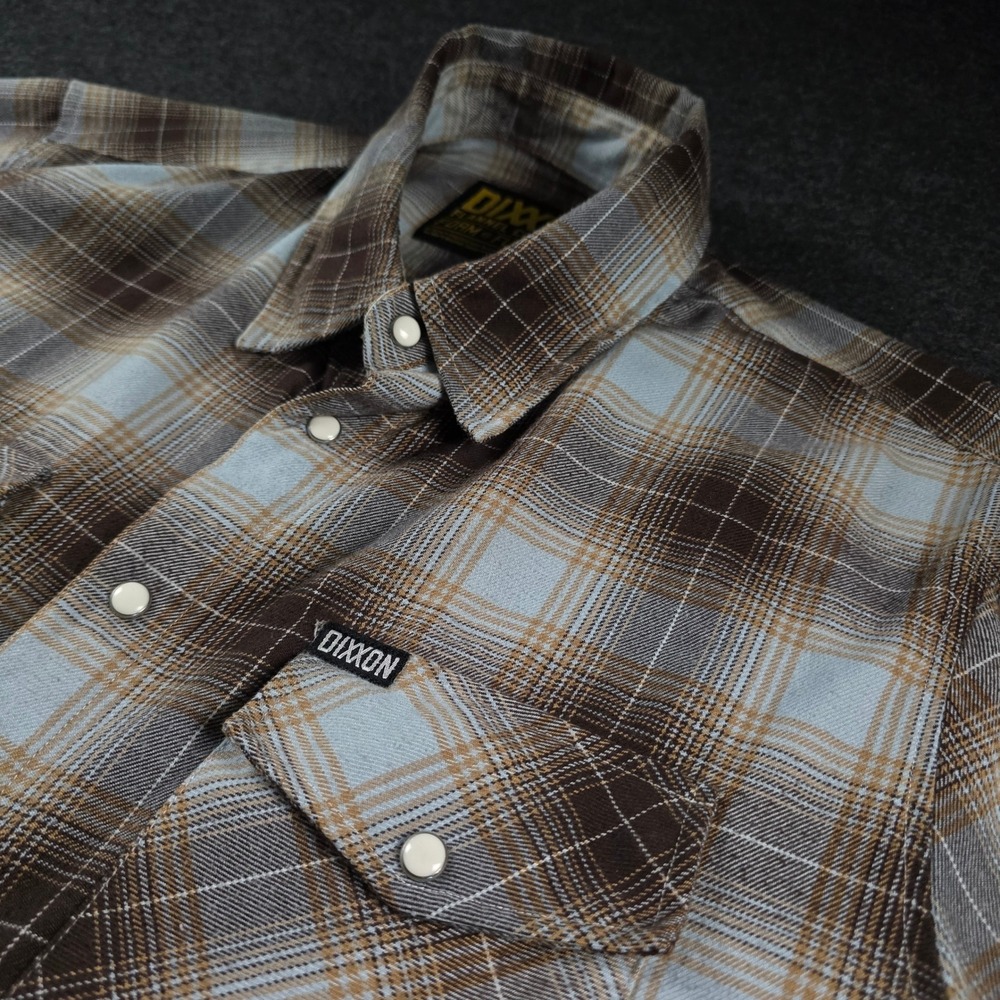 Dixxon Flannel Brown Blue Shadow Plaid Snap Button Work Shirt Grunge Men's L - Picture 2 of 14